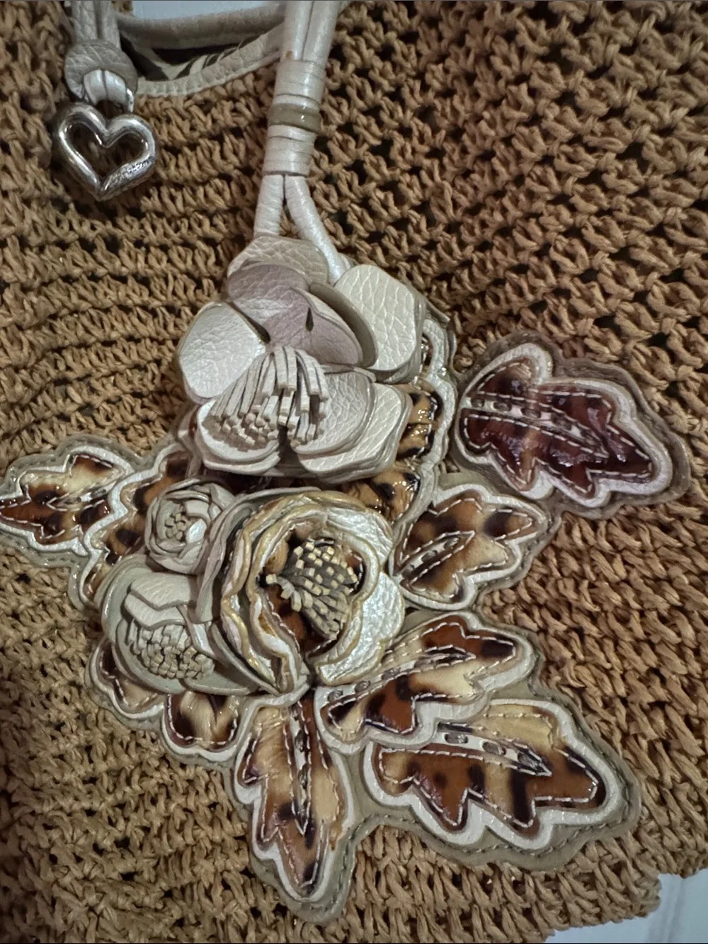 Brighton Tan Woven Hobo with Cream Floral Appliqué